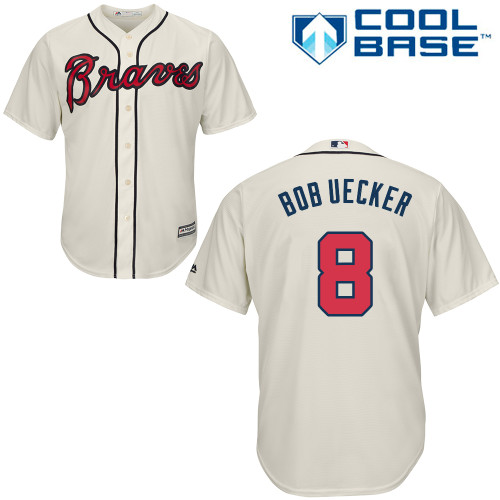 Men's Majestic Atlanta Braves #8 Bob Uecker Authentic Cream Alternate 2 Cool Base MLB Jersey