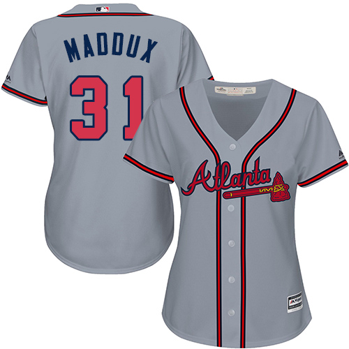Women's Majestic Atlanta Braves #31 Greg Maddux Authentic Grey Road Cool Base MLB Jersey