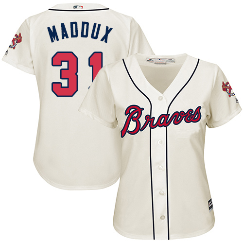 Women's Majestic Atlanta Braves #31 Greg Maddux Authentic Cream Alternate 2 Cool Base MLB Jersey