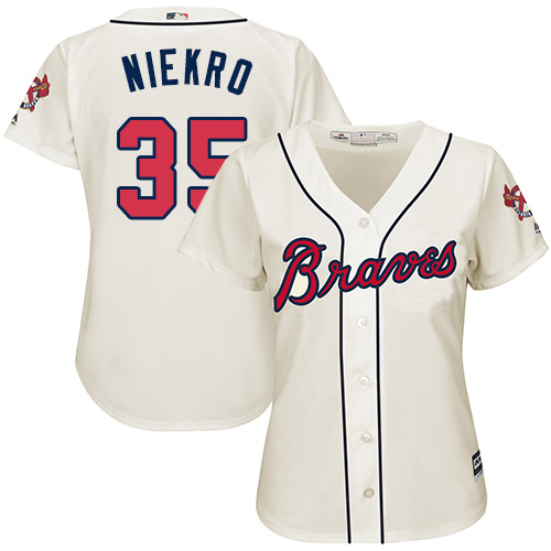 Women's Majestic Atlanta Braves #35 Phil Niekro Authentic Cream Alternate 2 Cool Base MLB Jersey