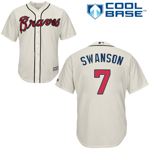 Youth Majestic Atlanta Braves #7 Dansby Swanson Replica Cream Alternate 2 Cool Base MLB Jersey