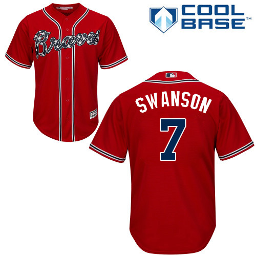 Youth Majestic Atlanta Braves #7 Dansby Swanson Authentic Red Alternate Cool Base MLB Jersey