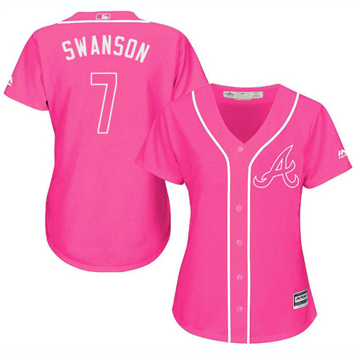 Women's Majestic Atlanta Braves #7 Dansby Swanson Authentic Pink Fashion Cool Base MLB Jersey