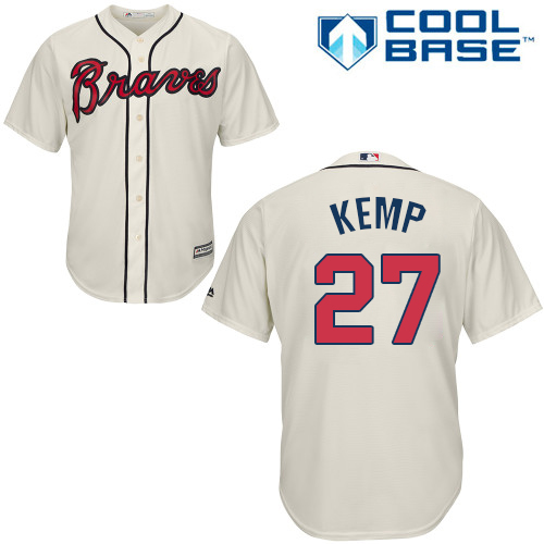 Men's Majestic Atlanta Braves #27 Matt Kemp Replica Cream Alternate 2 Cool Base MLB Jersey