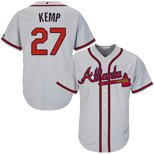 Youth Majestic Atlanta Braves #27 Matt Kemp Replica Grey Road Cool Base MLB Jersey