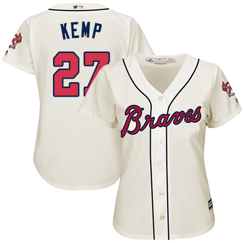 Women's Majestic Atlanta Braves #27 Matt Kemp Authentic Cream Alternate 2 Cool Base MLB Jersey