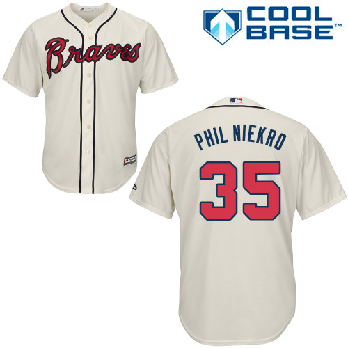 Men's Majestic Atlanta Braves #35 Phil Niekro Authentic Cream Alternate 2 Cool Base MLB Jersey