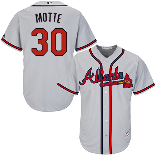 Men's Majestic Atlanta Braves #30 Jason Motte Replica Grey Road Cool Base MLB Jersey
