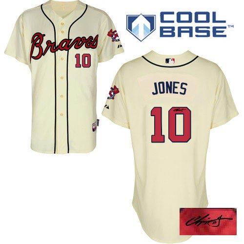 Men's Majestic Atlanta Braves #10 Chipper Jones Authentic Cream Alternate Cool Base Autographed MLB Jersey