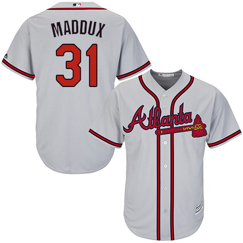 Men's Majestic Atlanta Braves #31 Greg Maddux Authentic Grey Road Cool Base MLB Jersey