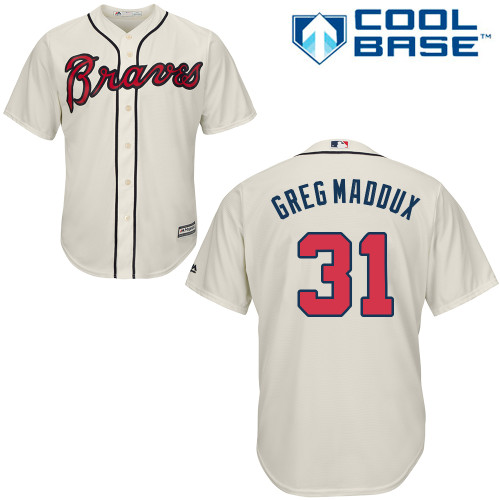 Men's Majestic Atlanta Braves #31 Greg Maddux Replica Cream Alternate 2 Cool Base MLB Jersey