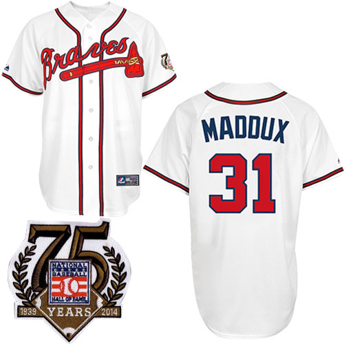 Men's Majestic Atlanta Braves #31 Greg Maddux Replica White w/75th Anniversary Commemorative Patch MLB Jersey