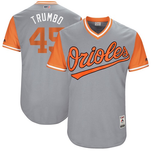 Men's Majestic Baltimore Orioles #45 Mark Trumbo "Trumbo" Authentic Gray 2017 Players Weekend MLB Jersey