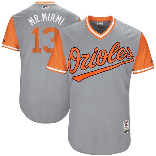 Men's Majestic Baltimore Orioles #13 Manny Machado "Mr. Miami" Authentic Gray 2017 Players Weekend MLB Jersey