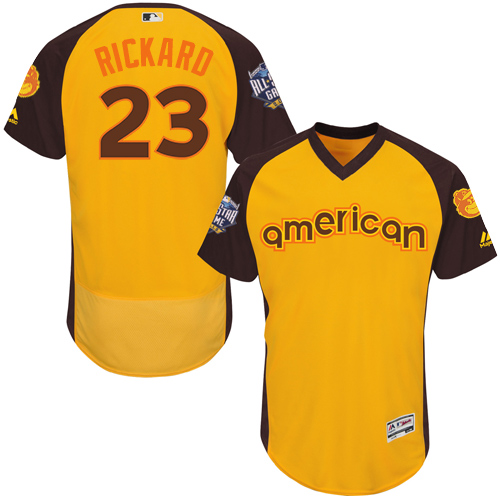 Men's Majestic Baltimore Orioles #23 Joey Rickard Yellow 2016 All-Star American League BP Authentic Collection Flex Base MLB Jersey