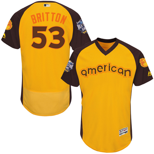 Men's Majestic Baltimore Orioles #53 Zach Britton Yellow 2016 All-Star American League BP Authentic Collection Flex Base MLB Jersey