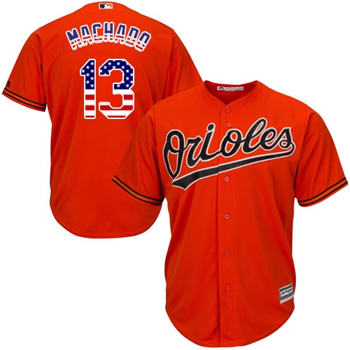 Men's Majestic Baltimore Orioles #13 Manny Machado Authentic Orange USA Flag Fashion MLB Jersey
