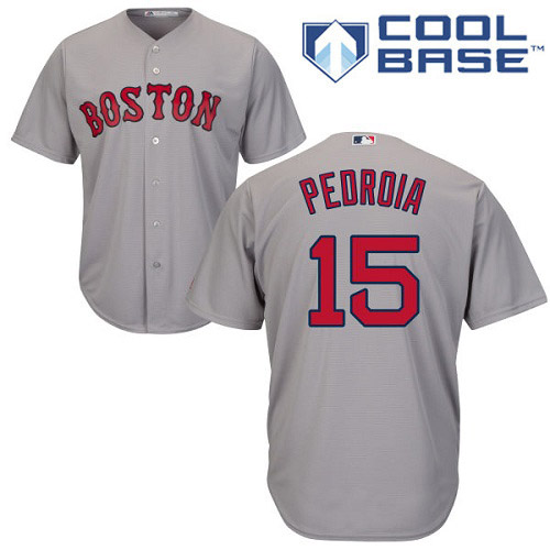 Youth Majestic Boston Red Sox #15 Dustin Pedroia Replica Grey Road Cool Base MLB Jersey