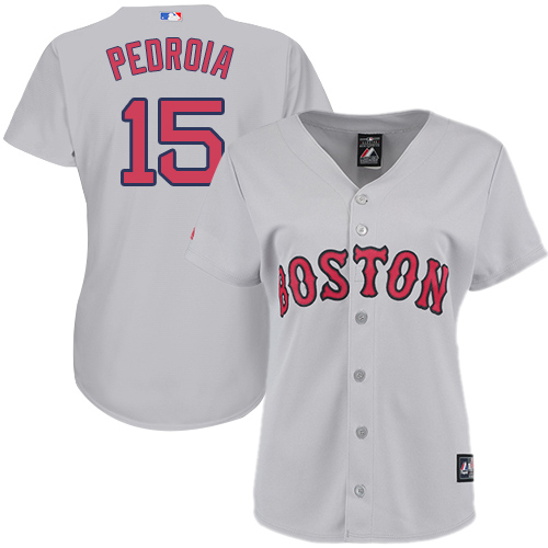 Women's Majestic Boston Red Sox #15 Dustin Pedroia Replica Grey MLB Jersey