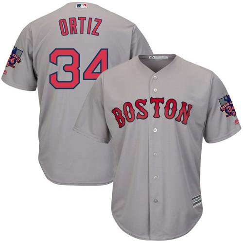 Men's Majestic Boston Red Sox #34 David Ortiz Authentic Grey Road Retirement Patch Cool Base MLB Jersey