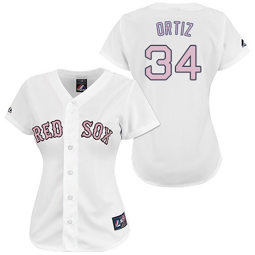 Women's Majestic Boston Red Sox #34 David Ortiz Authentic White/Pink No. MLB Jersey