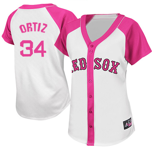 Women's Majestic Boston Red Sox #34 David Ortiz Replica White/Pink Splash Fashion MLB Jersey