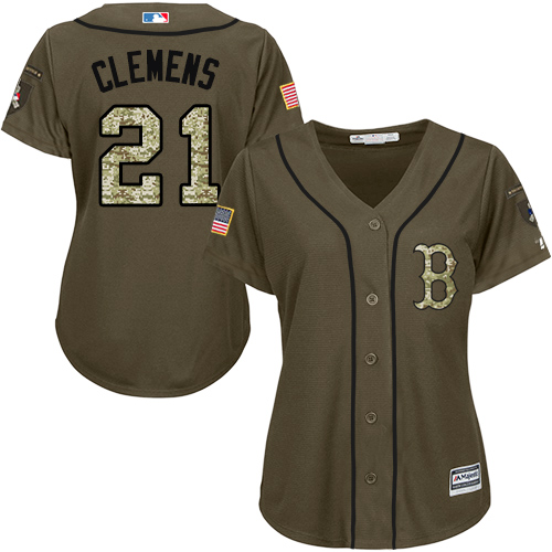 Women's Majestic Boston Red Sox #21 Roger Clemens Replica Green Salute to Service MLB Jersey