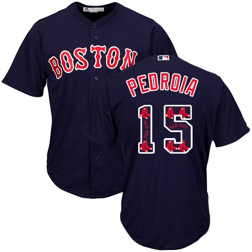 Men's Majestic Boston Red Sox #15 Dustin Pedroia Authentic Navy Blue Team Logo Fashion Cool Base MLB Jersey