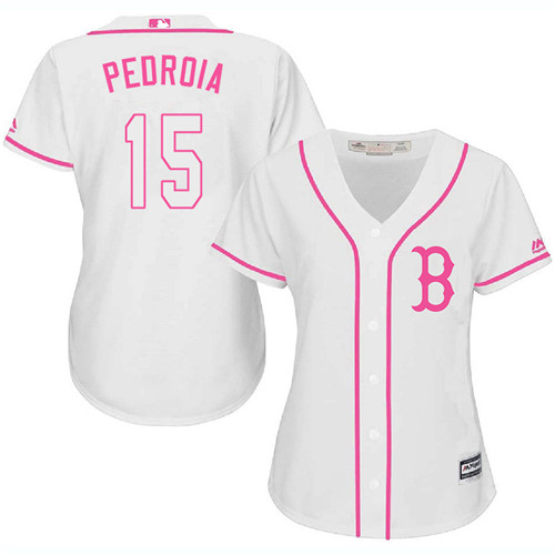 Women's Majestic Boston Red Sox #15 Dustin Pedroia Replica White Fashion MLB Jersey