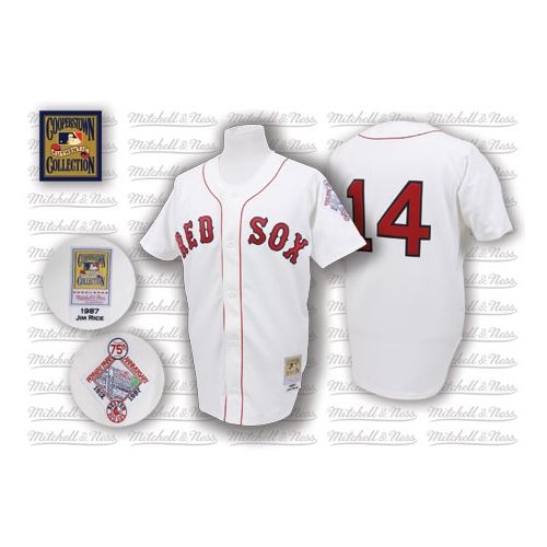 Men's Mitchell and Ness 1987 Boston Red Sox #14 Jim Rice Authentic White Throwback MLB Jersey