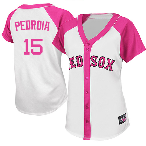 Women's Majestic Boston Red Sox #15 Dustin Pedroia Replica White/Pink Splash Fashion MLB Jersey