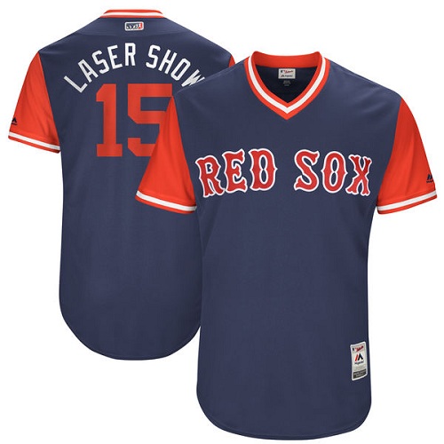Men's Majestic Boston Red Sox #15 Dustin Pedroia "Laser Show" Authentic Navy Blue 2017 Players Weekend MLB Jersey