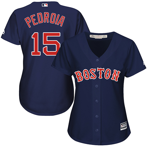 Women's Majestic Boston Red Sox #15 Dustin Pedroia Replica Navy Blue Alternate Road MLB Jersey
