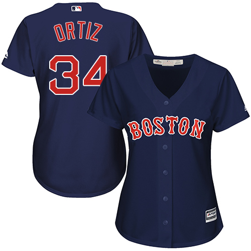 Women's Majestic Boston Red Sox #34 David Ortiz Authentic Navy Blue Alternate Road MLB Jersey