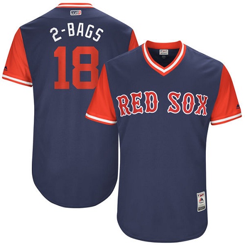 Men's Majestic Boston Red Sox #18 Mitch Moreland "2-Bags" Authentic Navy Blue 2017 Players Weekend MLB Jersey