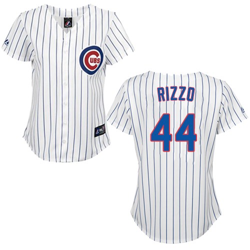 Women's Majestic Chicago Cubs #44 Anthony Rizzo Authentic White/Blue Strip Fashion MLB Jersey