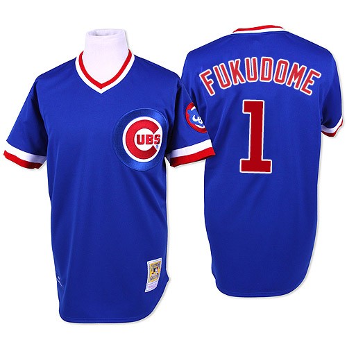 Men's Mitchell and Ness Chicago Cubs #1 Kosuke Fukudome Authentic Blue Throwback MLB Jersey