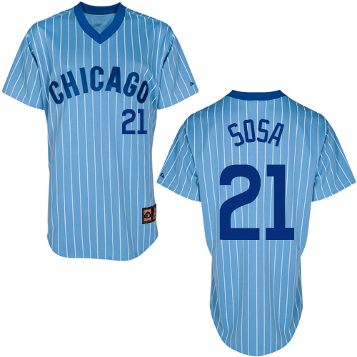 Men's Majestic Chicago Cubs #21 Sammy Sosa Authentic Blue/White Strip Cooperstown Throwback MLB Jersey