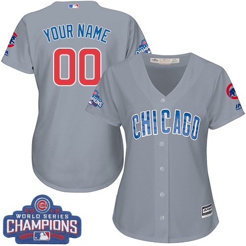 Women's Majestic Chicago Cubs Customized Authentic Grey Road 2016 World Series Champions Cool Base MLB Jersey