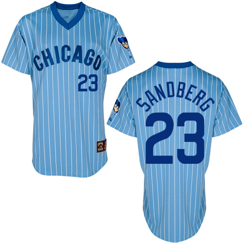 Men's Majestic Chicago Cubs #23 Ryne Sandberg Authentic Blue/White Strip Cooperstown Throwback MLB Jersey
