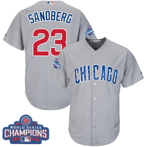 Youth Majestic Chicago Cubs #23 Ryne Sandberg Authentic Grey Road 2016 World Series Champions Cool Base MLB Jersey