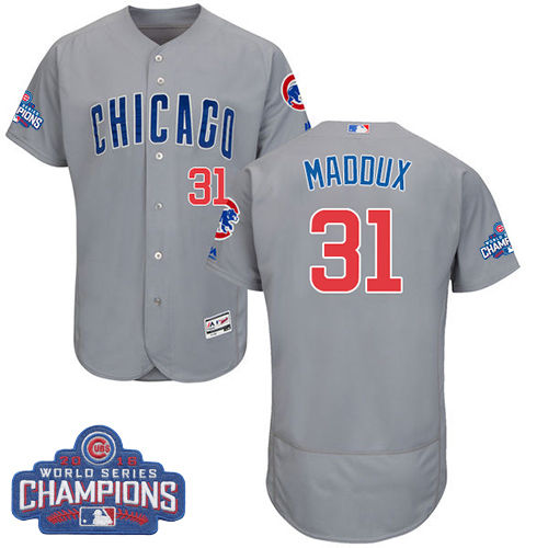 Men's Majestic Chicago Cubs #31 Greg Maddux Grey 2016 World Series Champions Flexbase Authentic Collection MLB Jersey