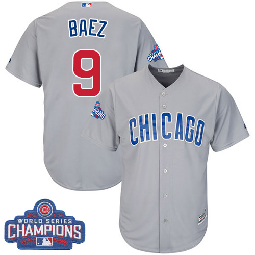 Youth Majestic Chicago Cubs #9 Javier Baez Authentic Grey Road 2016 World Series Champions Cool Base MLB Jersey