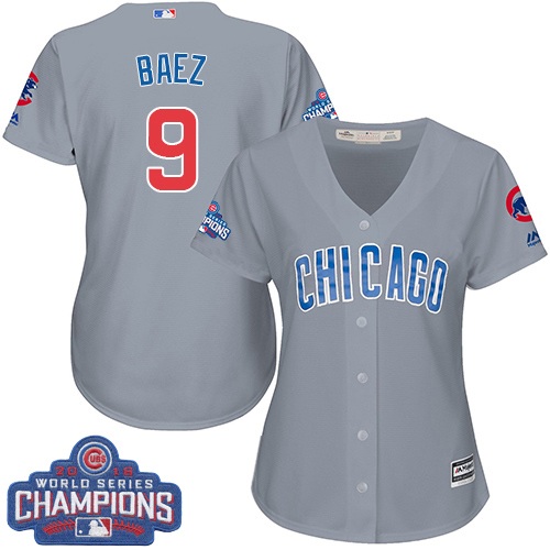 Women's Majestic Chicago Cubs #9 Javier Baez Authentic Grey Road 2016 World Series Champions Cool Base MLB Jersey