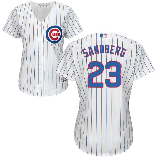 Women's Majestic Chicago Cubs #23 Ryne Sandberg Replica White/Blue Strip Fashion MLB Jersey