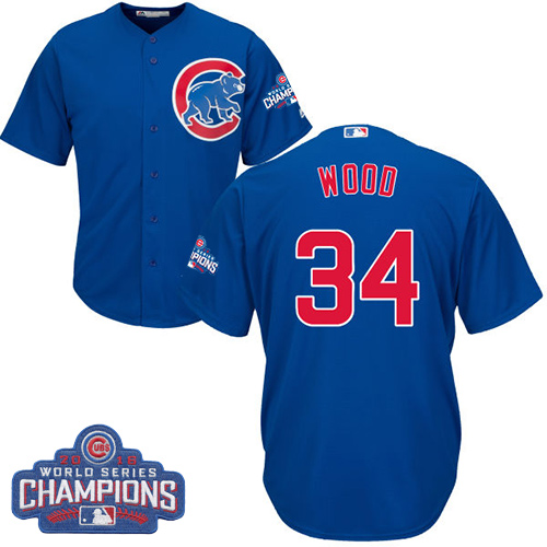 Youth Majestic Chicago Cubs #34 Kerry Wood Authentic Royal Blue Alternate 2016 World Series Champions Cool Base MLB Jersey
