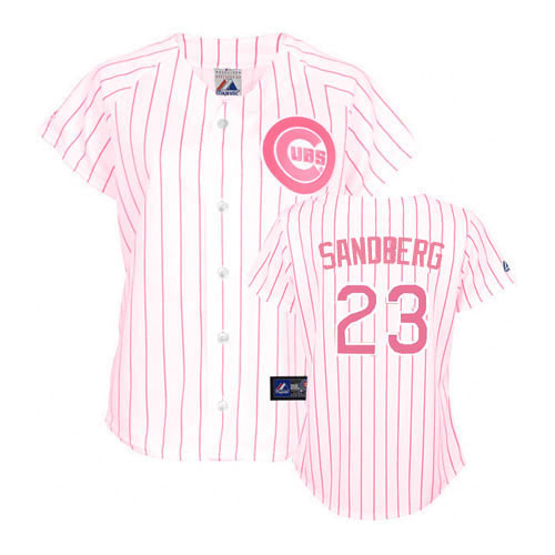 Women's Majestic Chicago Cubs #23 Ryne Sandberg Authentic White/Pink Strip Fashion MLB Jersey
