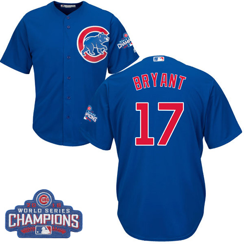 Youth Majestic Chicago Cubs #17 Kris Bryant Authentic Royal Blue Alternate 2016 World Series Champions Cool Base MLB Jersey