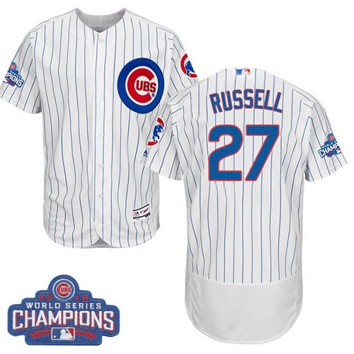 Men's Majestic Chicago Cubs #27 Addison Russell White 2016 World Series Champions Flexbase Authentic Collection MLB Jersey
