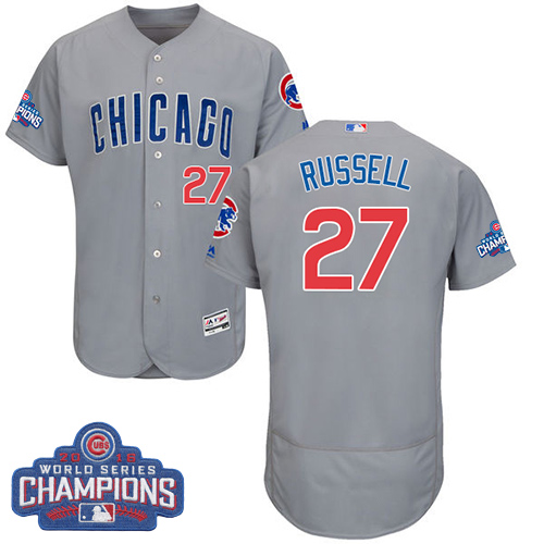 Men's Majestic Chicago Cubs #27 Addison Russell Grey 2016 World Series Champions Flexbase Authentic Collection MLB Jersey